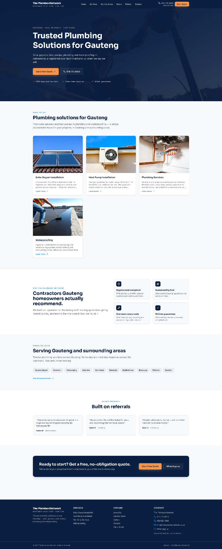 The Plumbers Network homepage — plumbing and solar geyser services in Gauteng